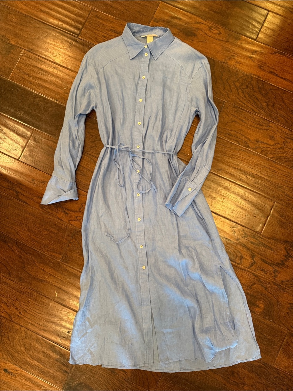 H&M Light Blue Long-Sleeve Button-Front Shirt Dress with Waist Tie